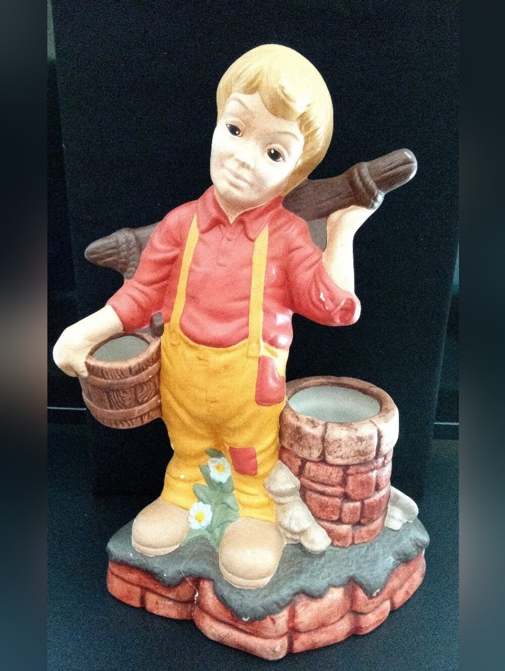 Vintage 15" Ceramic Hand-Painted Figurine Boy Overalls Water Bucket Well Red Top